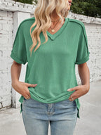 Cord Ribbed V-neck Short Sleeve T-shirt (19)