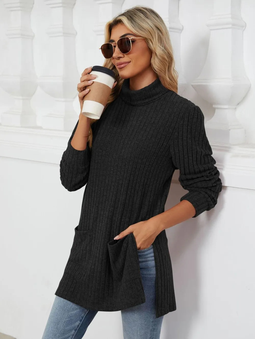 Slit Mock Neck Long Sleeve T-shirt (27)