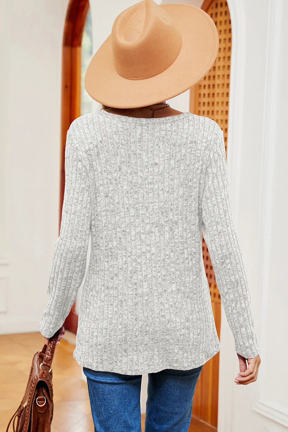 Eyelet Ribbed Round Neck Long Sleeve T-shirt (16)