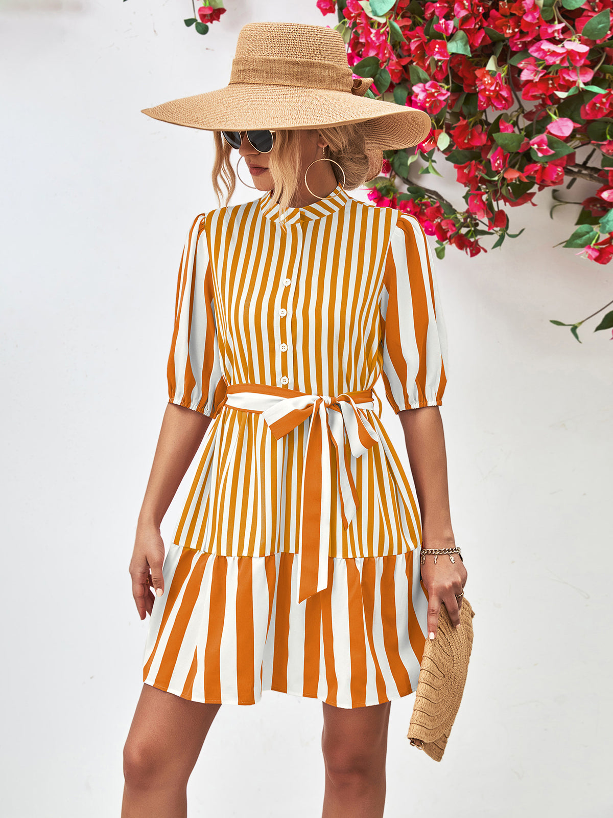 Striped Half Sleeve Tie Waist Mini Dress (7)