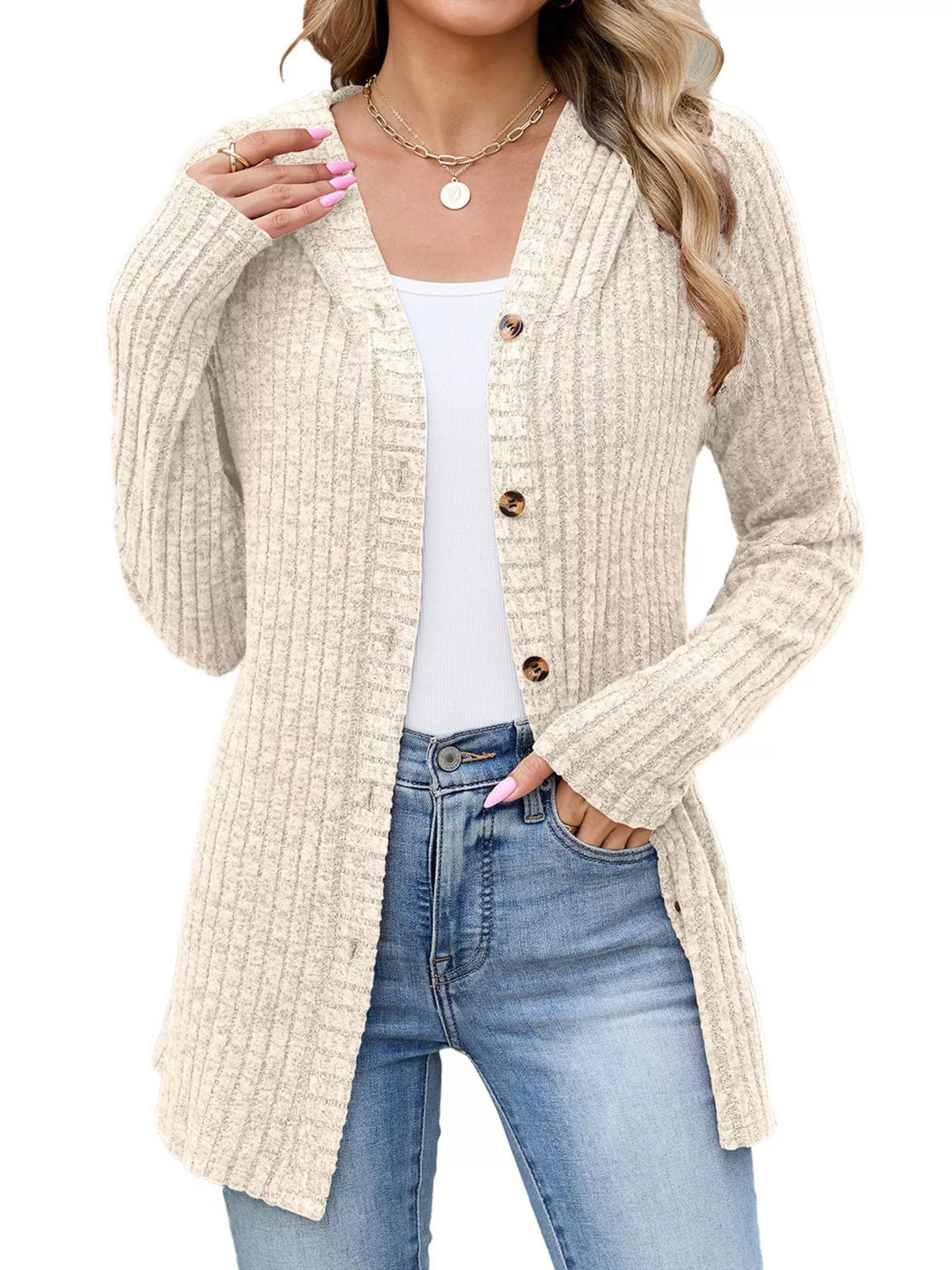 Ribbed Knit Hooded Button-down Cardigan (10)