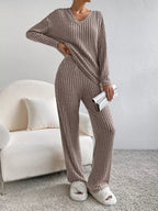 Ribbed Knit V-neck Top Pants Set (12)