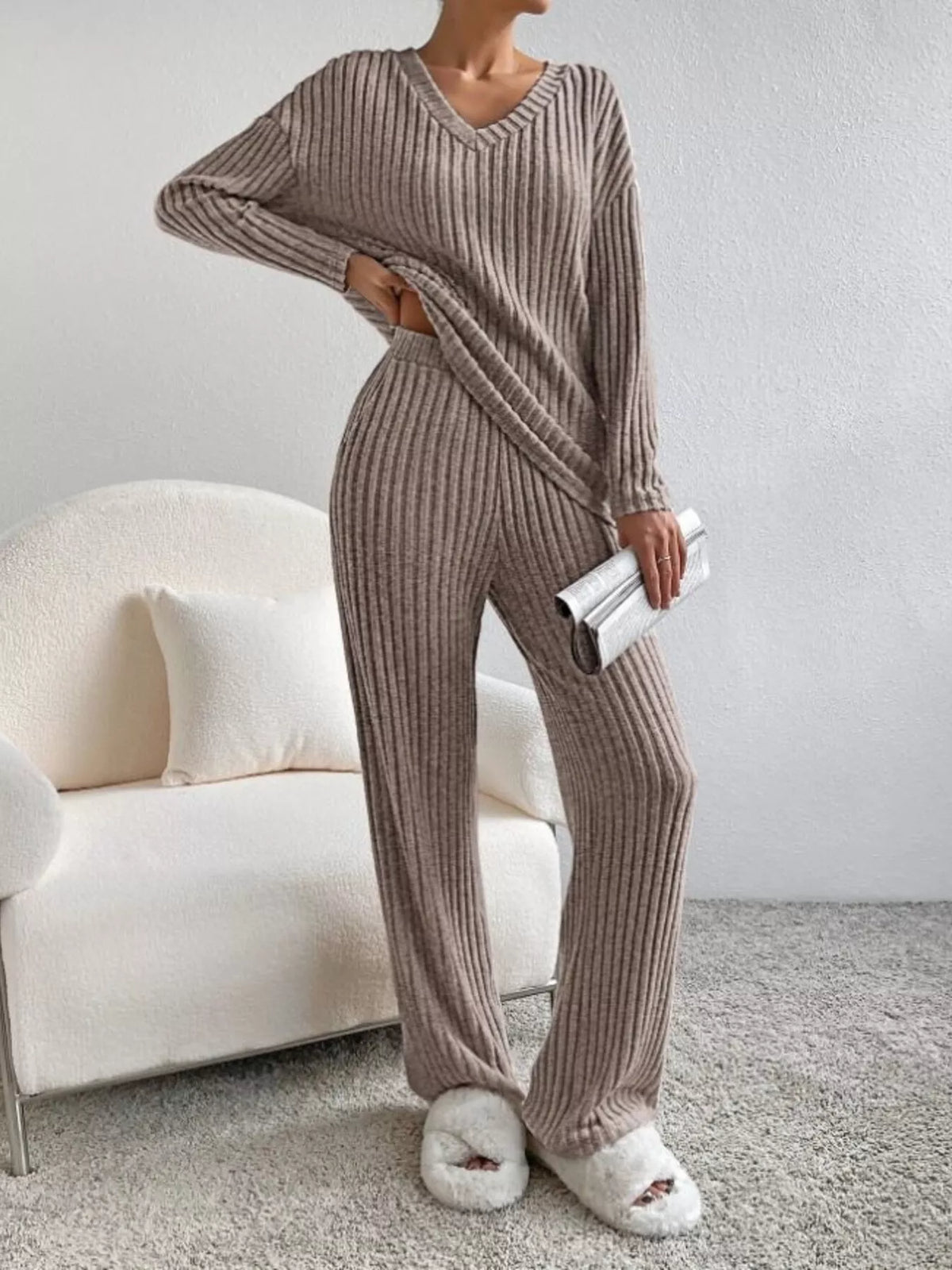 Ribbed Knit V-neck Top Pants Set (12)