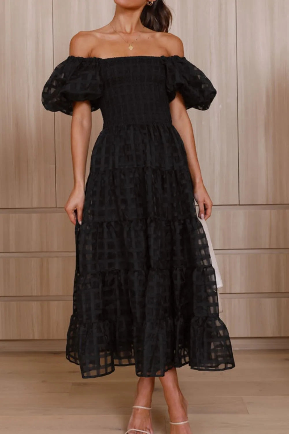 Off Shoulder Short Puff Sleeve Midi Dress (17)