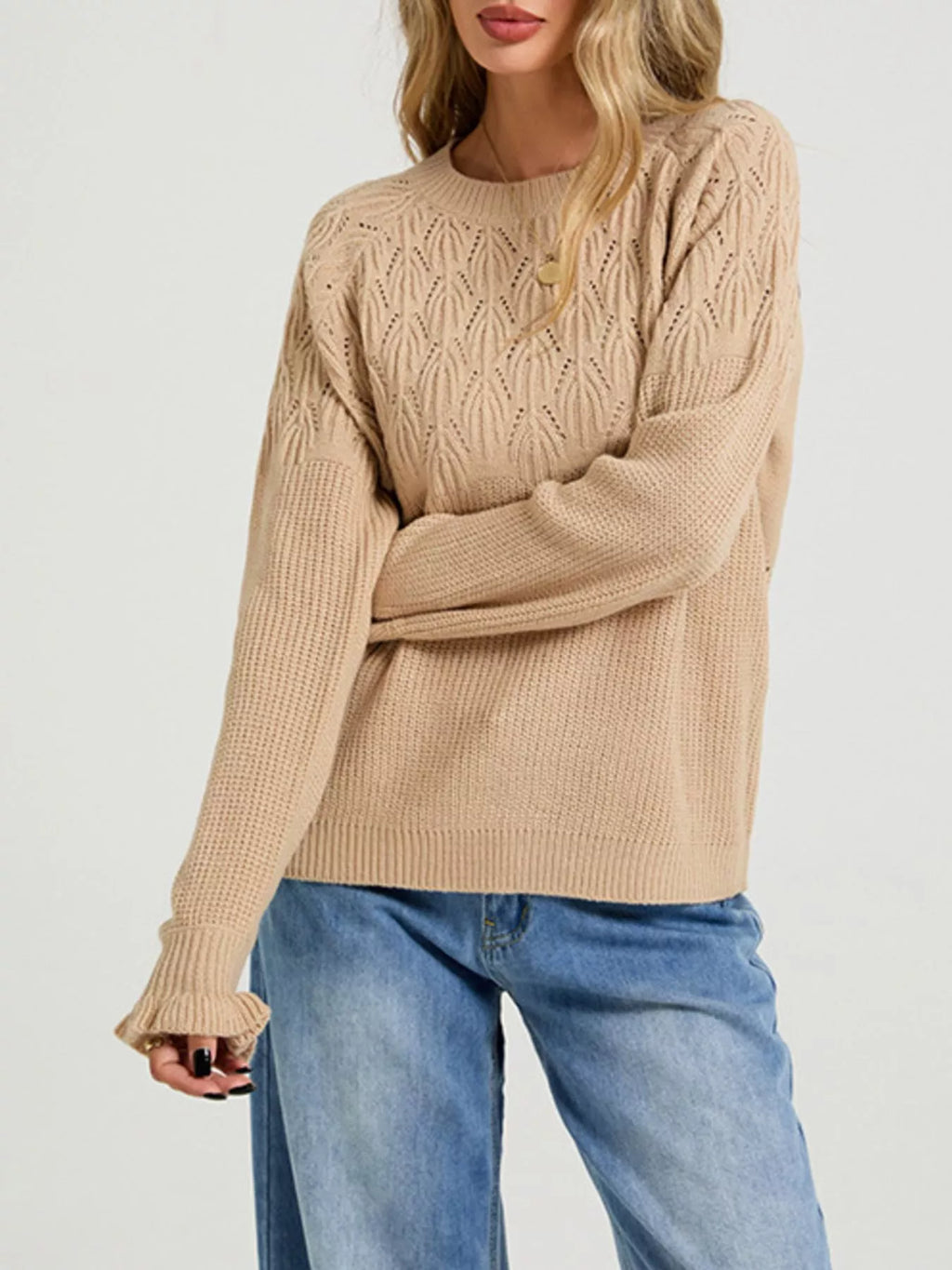 Pointelle Knit Round Neck Sweater (3)