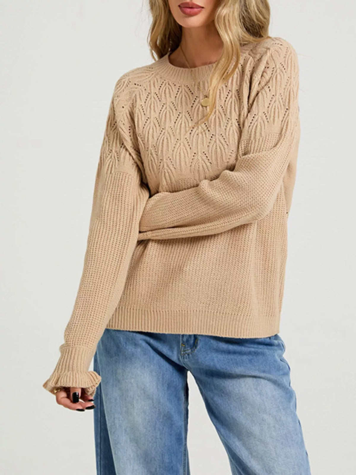 Pointelle Knit Round Neck Sweater (3)