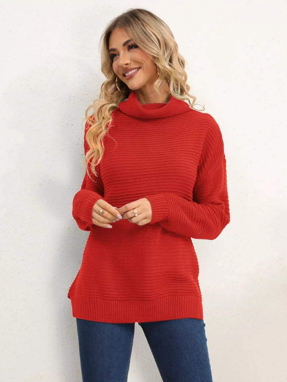 Slit Turtleneck Dropped Shoulder Sweater (12)