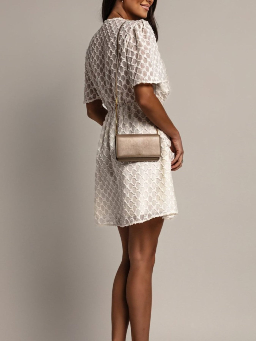 Textured Ruched Surplice Short Sleeve Dress (4)