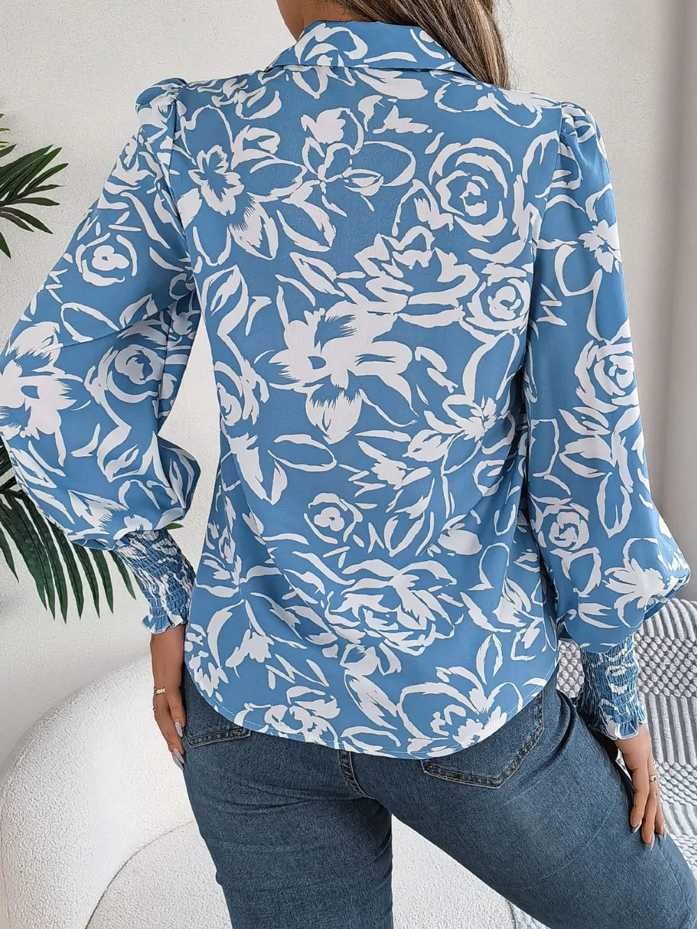 Printed Collared Neck Lantern Sleeve Shirt (2)