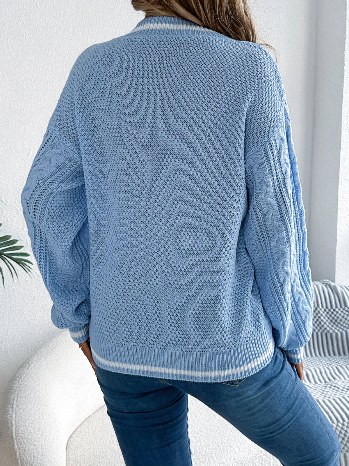 Cable Knit V-neck Long Sleeve Sweater (2)