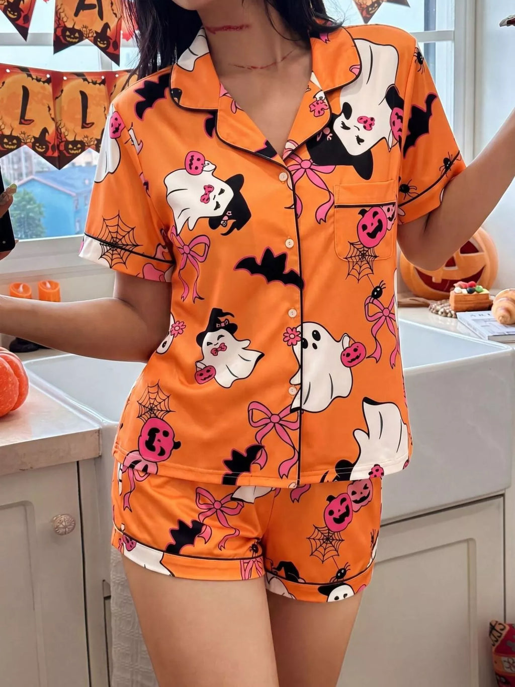 Halloween Ghost Print Button-down Top Shorts Lounge Set