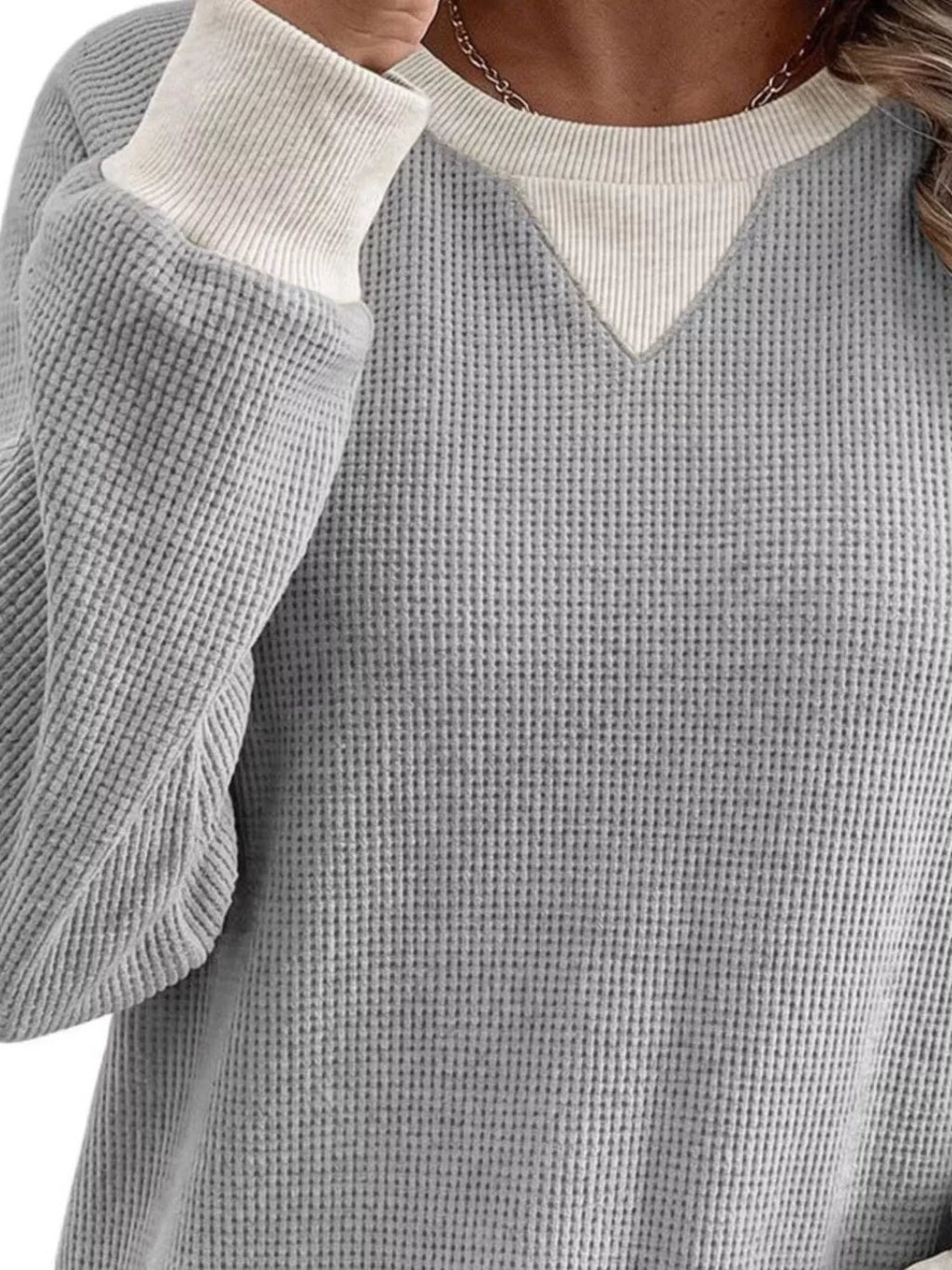 Waffle Knit Crew Neck Long Sleeve Sweatshirt (14)
