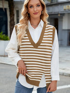 Slit V-neck Striped Sweater Vest (6)