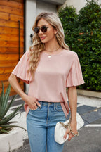 Pleated Flutter Sleeve Round Neck Blouse (7)