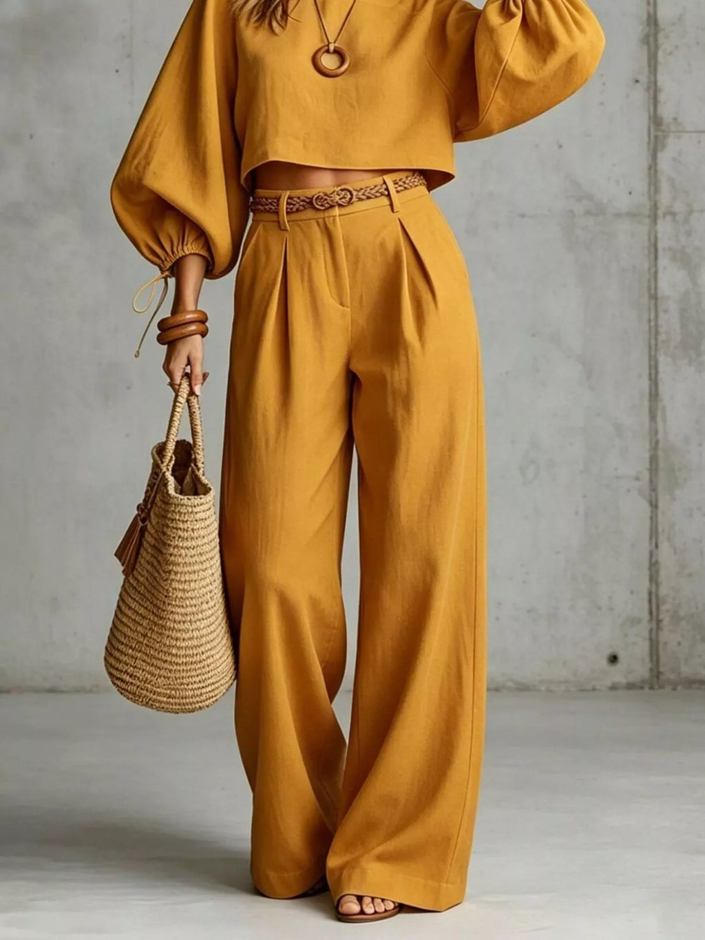 Balloon Sleeve Crop Top Wide-leg Pants Set (3)