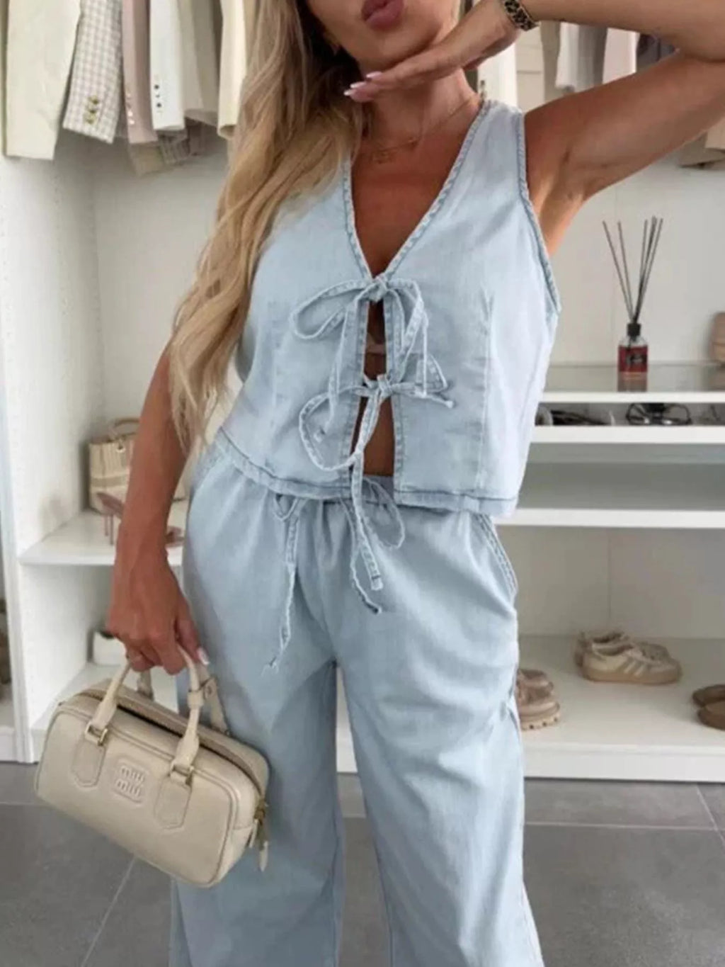 Tie Front Vest Jeans Denim Set