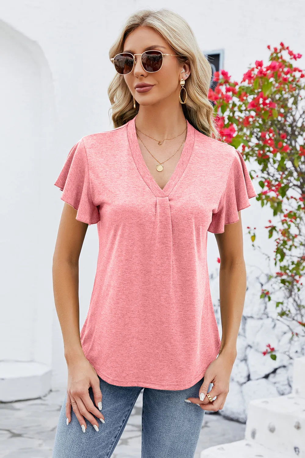 V-neck Flutter Sleeve T-shirt (11)
