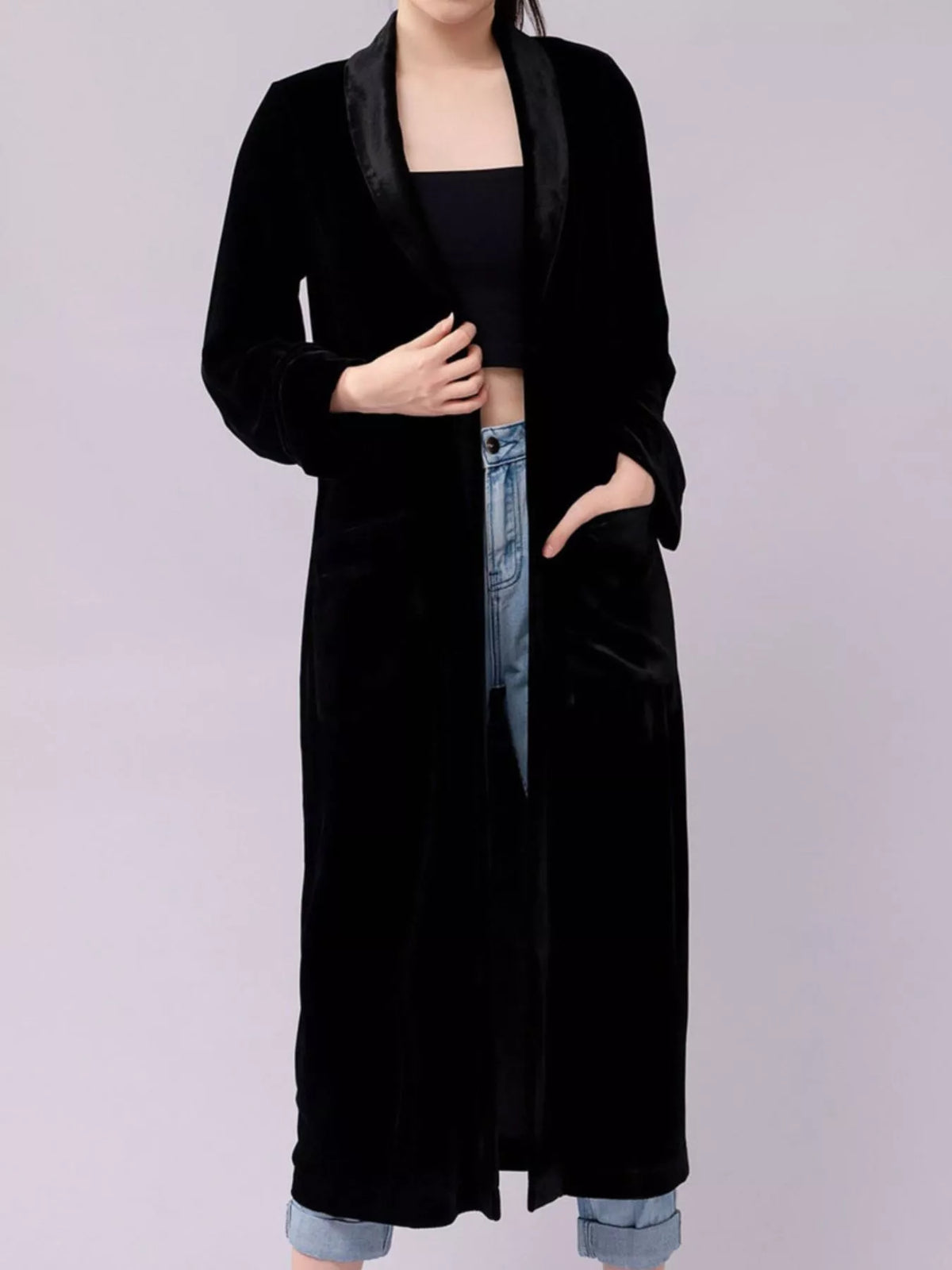 Velvet Lapel Collar Longline Coat (8)