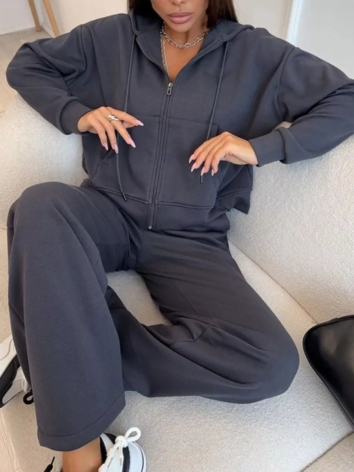 Zip-up Hoodie Wide-leg Pants Set (18)