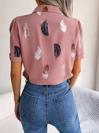 Feather Print Lapel Collar Puff Sleeve Shirt (9)