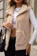 Fuzzy Plaid Texture Zip Up Vest Coat (4)
