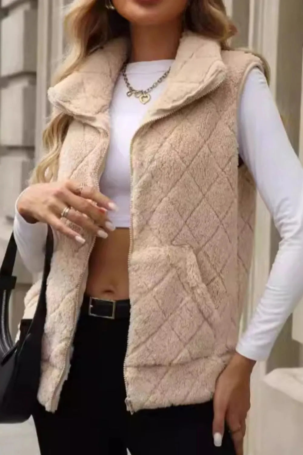 Fuzzy Plaid Texture Zip Up Vest Coat (4)