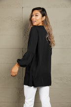 Notched Neck Balloon Sleeve Shirt (2)