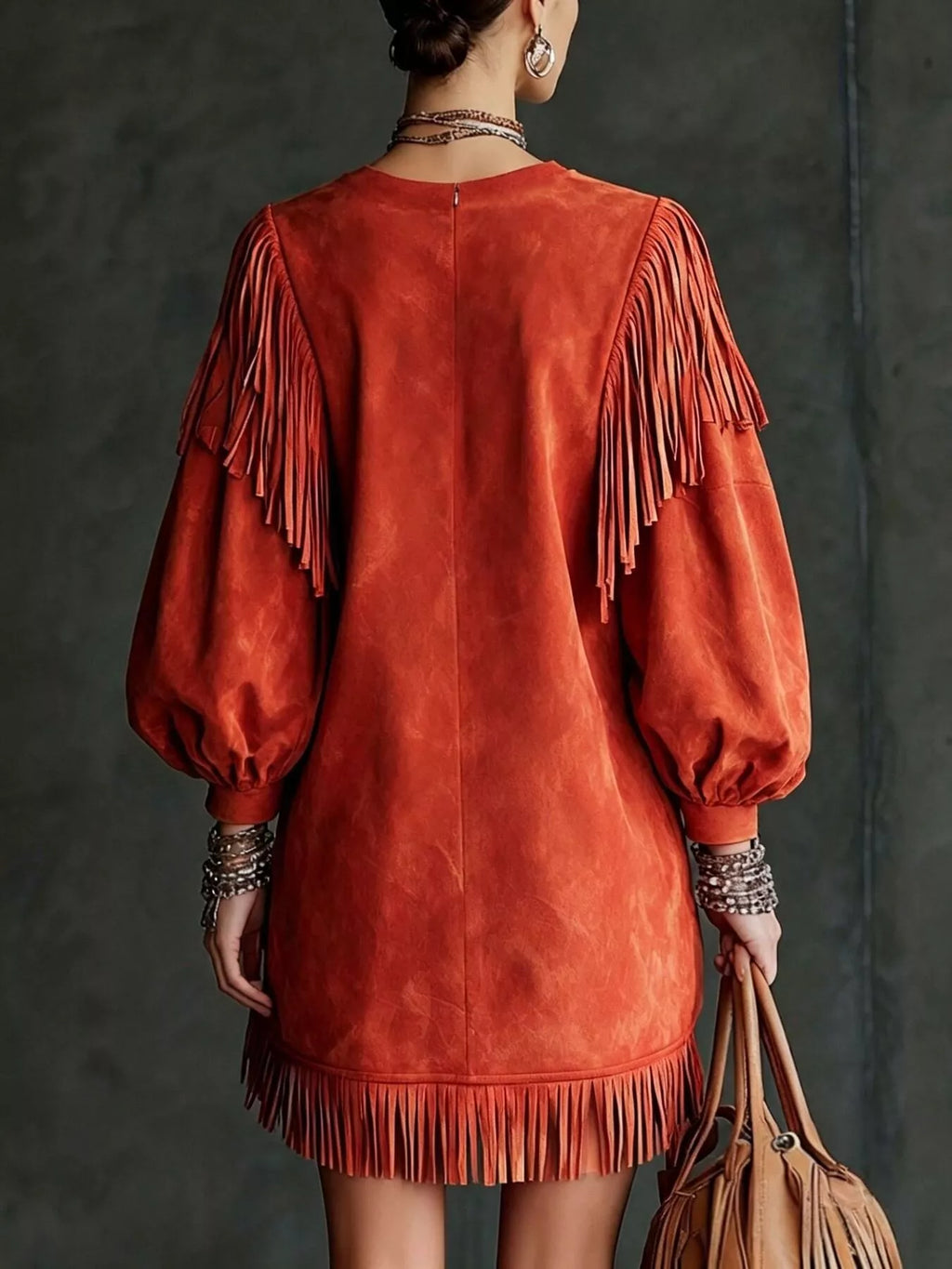 Fringe Detail Lantern Sleeve Mini Dress (6)