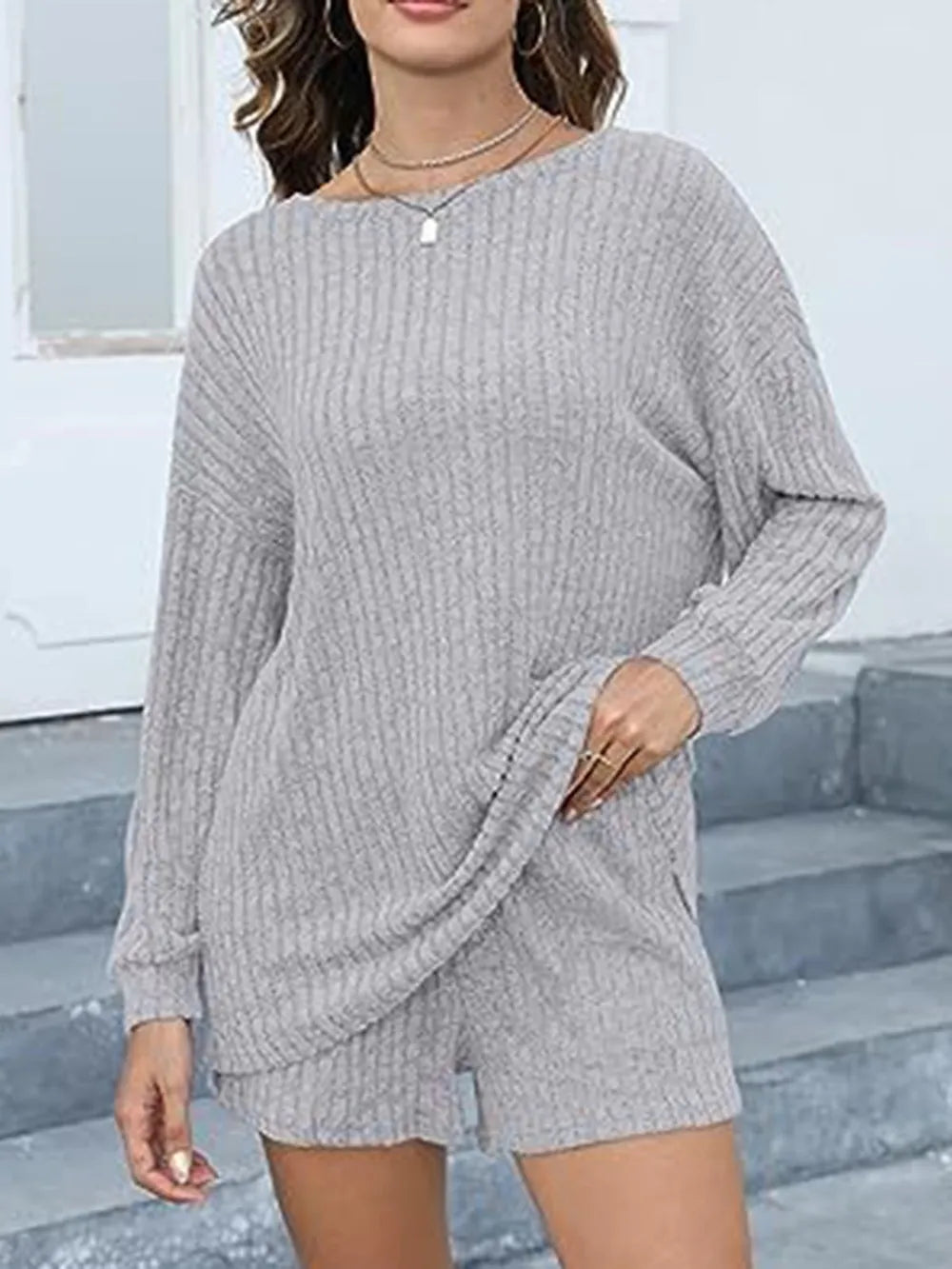 Round Neck Dropped Shoulder Top Shorts Set (11)