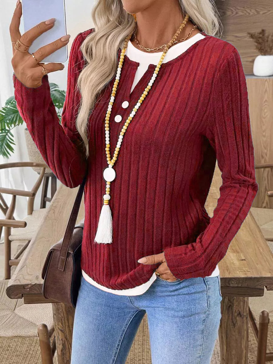 Ribbed Knit Long Sleeve Henley T-shirt (13)
