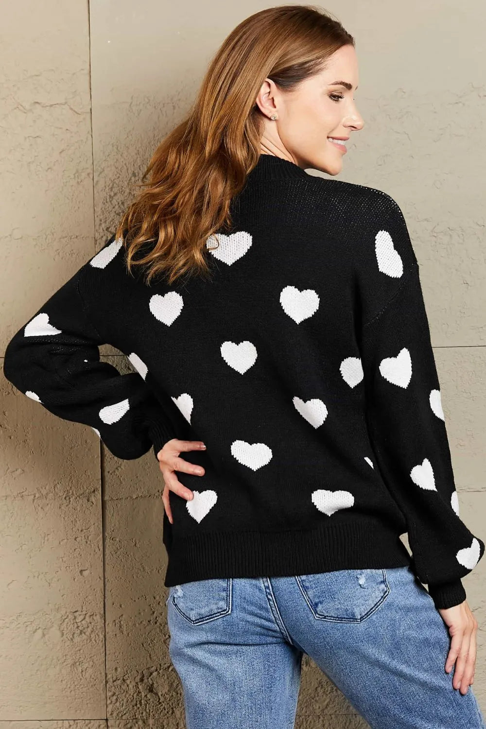 Heart Pattern Lantern Sleeve Round Neck Tunic Sweater (2)