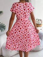 Heart Print Short Sleeve Tie Waist Dress (2)