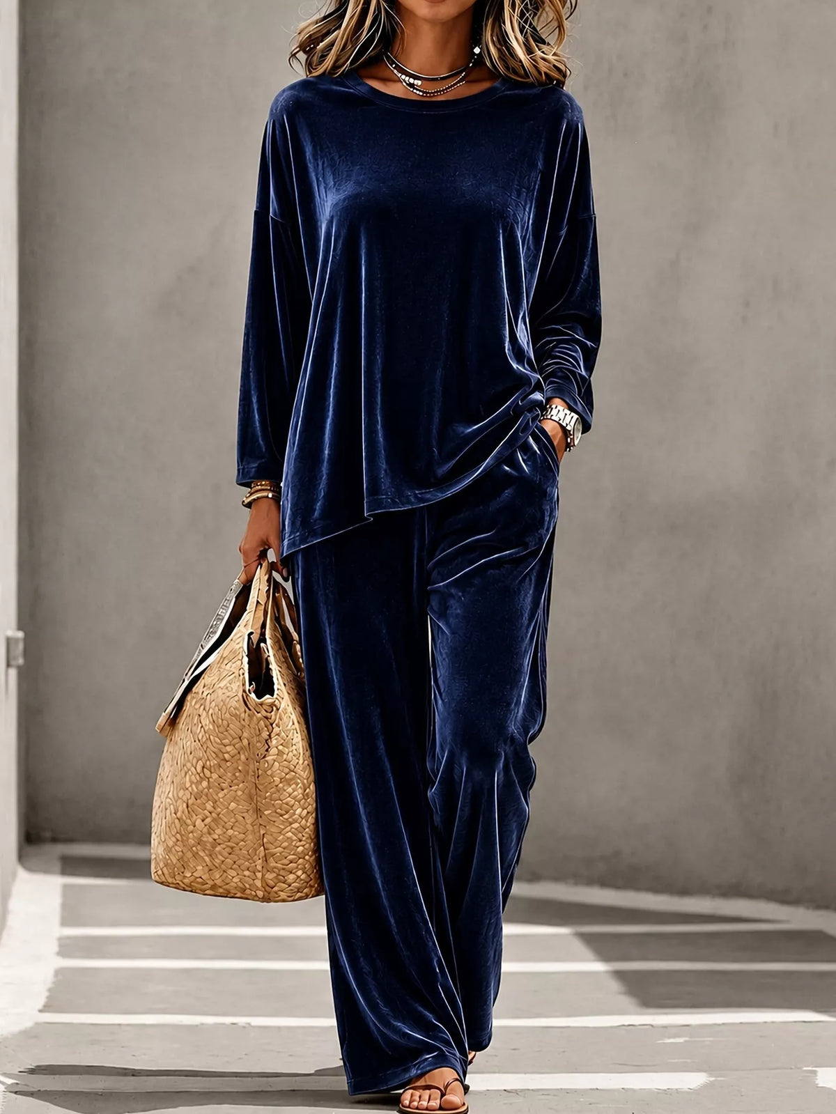 Full Size Velvet Long Sleeve Top Pants Set Plus (10)