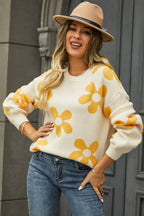 Floral Print Round Neck Dropped Shoulder Pullover Sweater (14)
