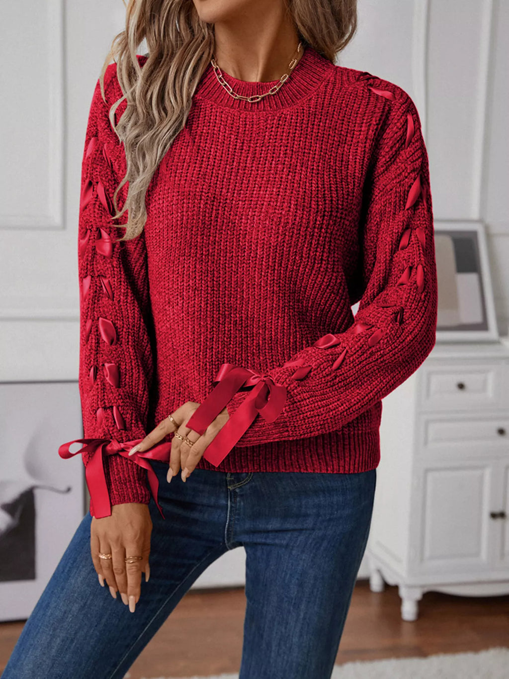 Ribbon-tie Sleeve Round Neck Sweater (6)