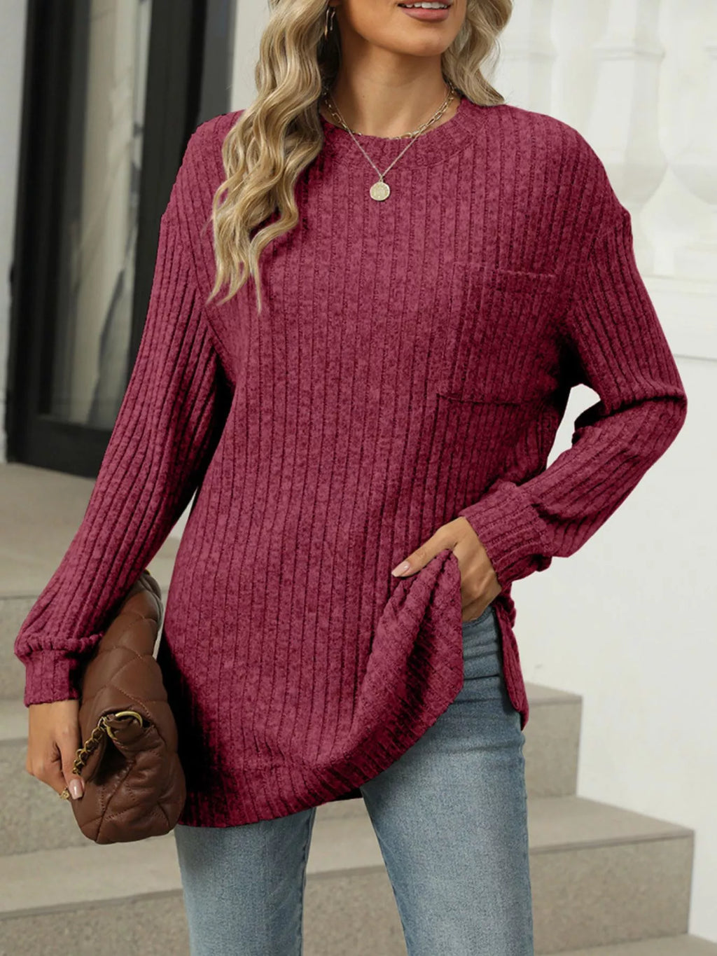 Ribbed Knit Round Neck Sweater (21)