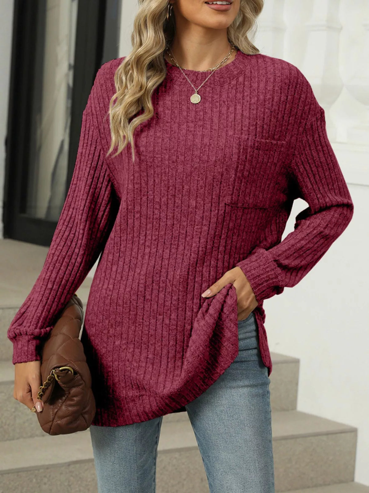 Ribbed Knit Round Neck Sweater (21)