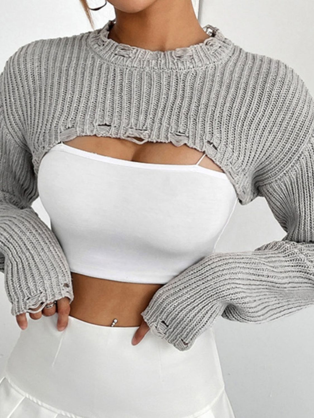 Distressed Long Sleeve Cropped Sweater (3)