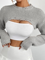 Distressed Long Sleeve Cropped Sweater (3)