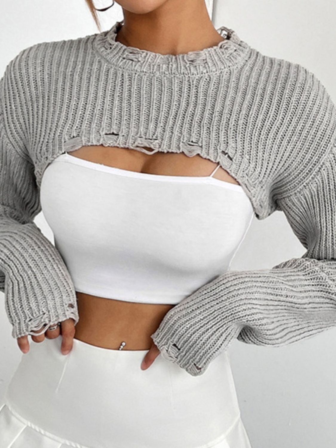Distressed Long Sleeve Cropped Sweater (3)