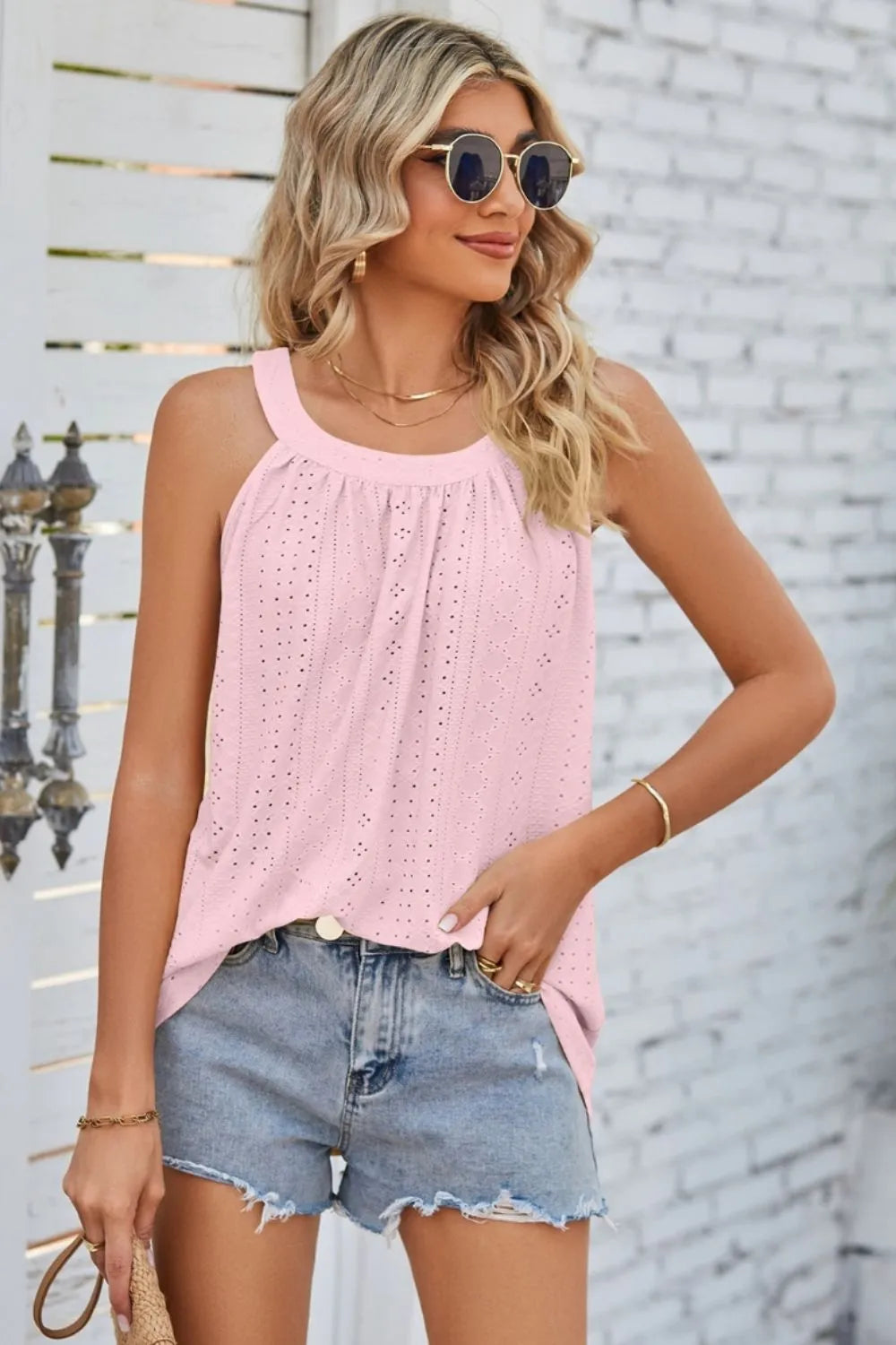 Openwork Round Neck Wide Strap Tank (6)
