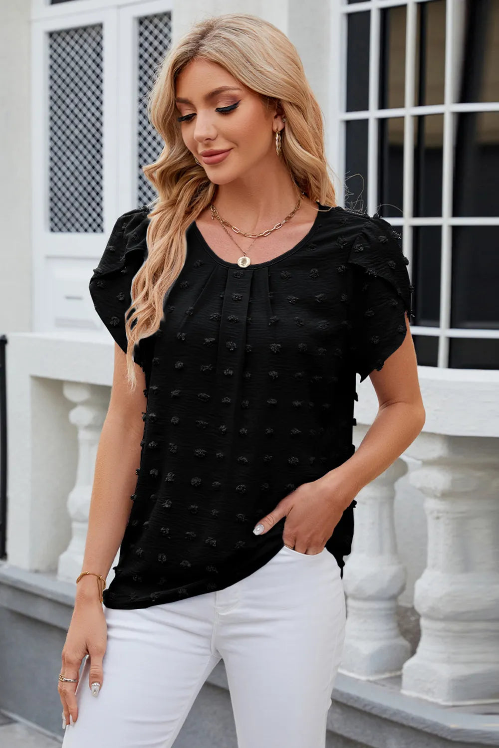Swiss Dot Round Neck Short Sleeve T-shirt (6)