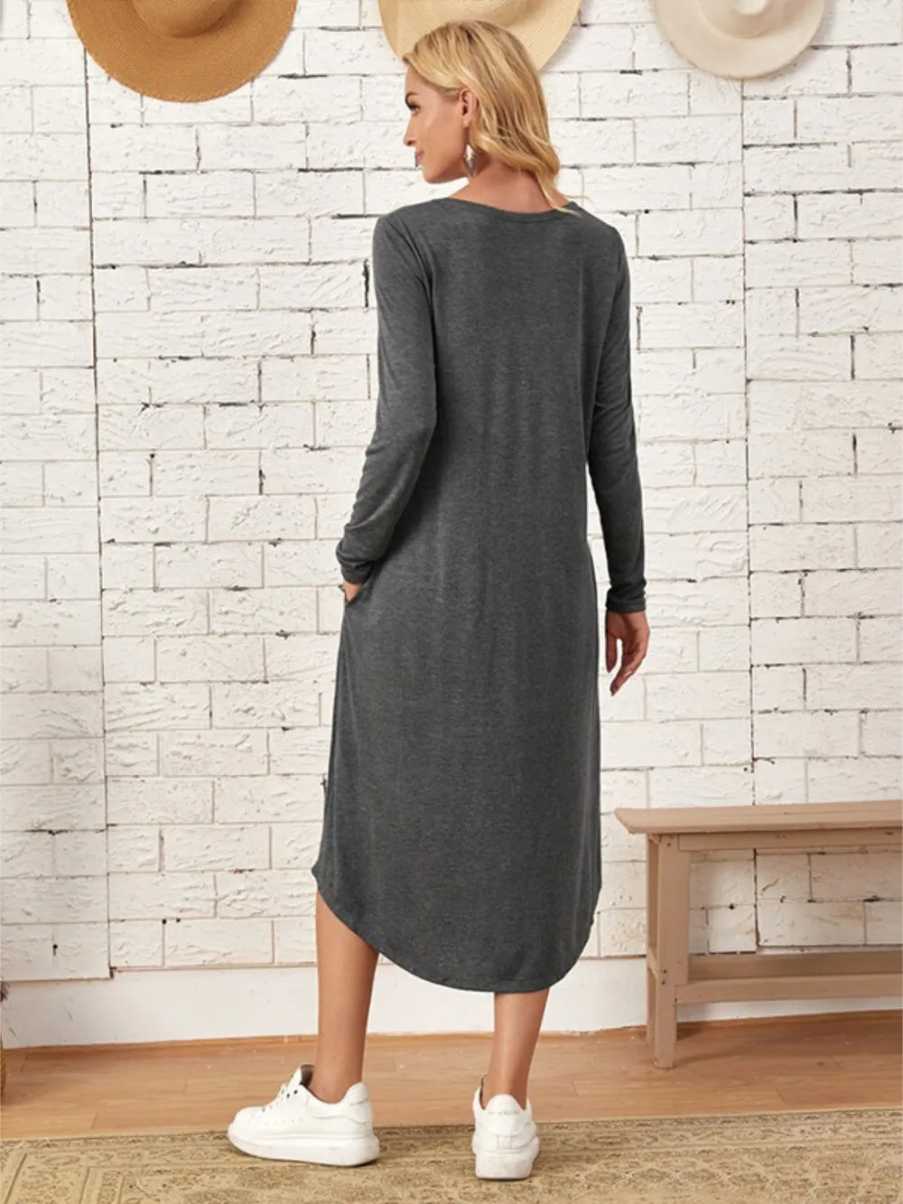 Pocketed Round Neck Long Sleeve Tee Dress (9)