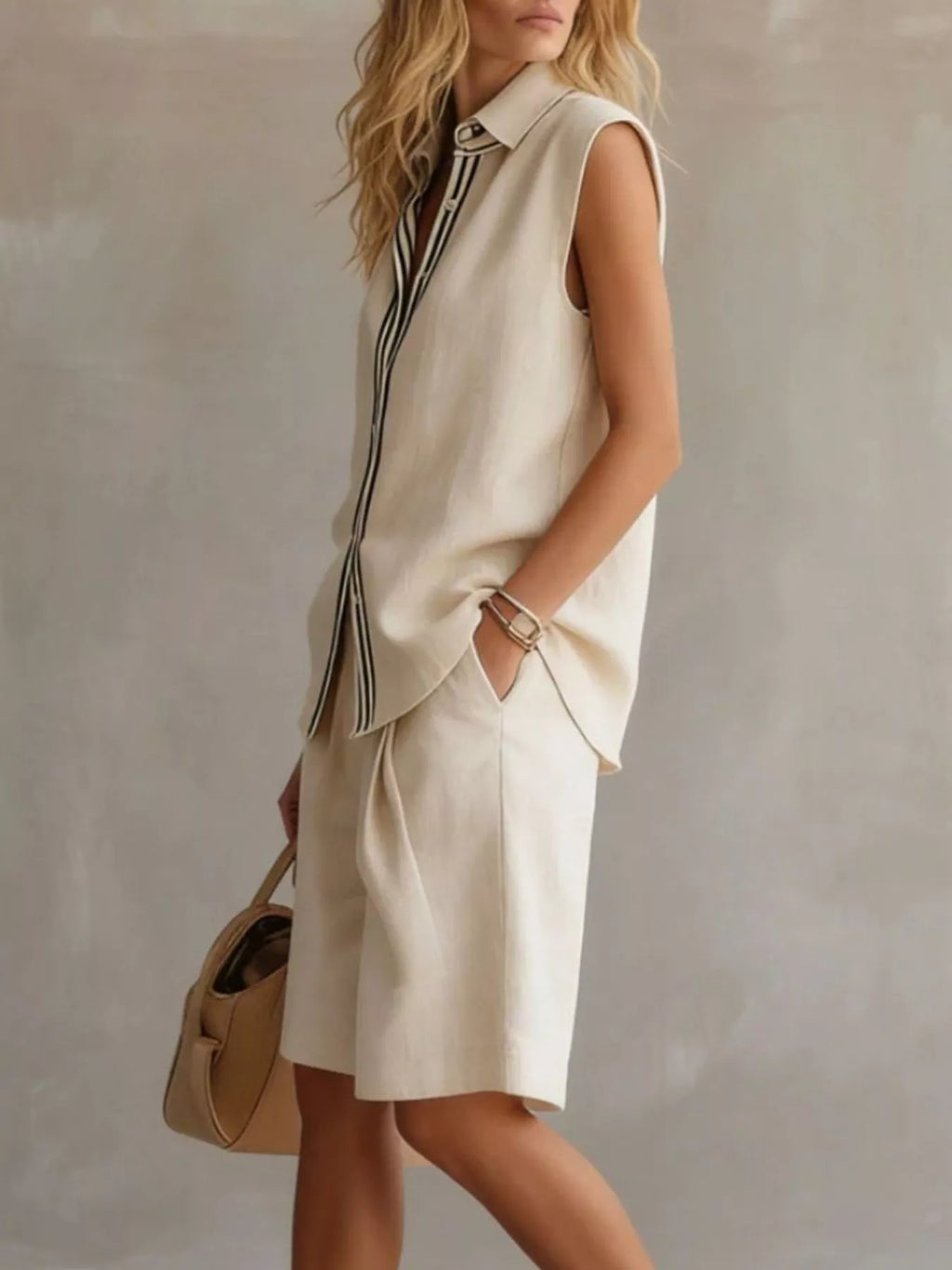 Sleeveless Button Up Top Shorts Set (2)