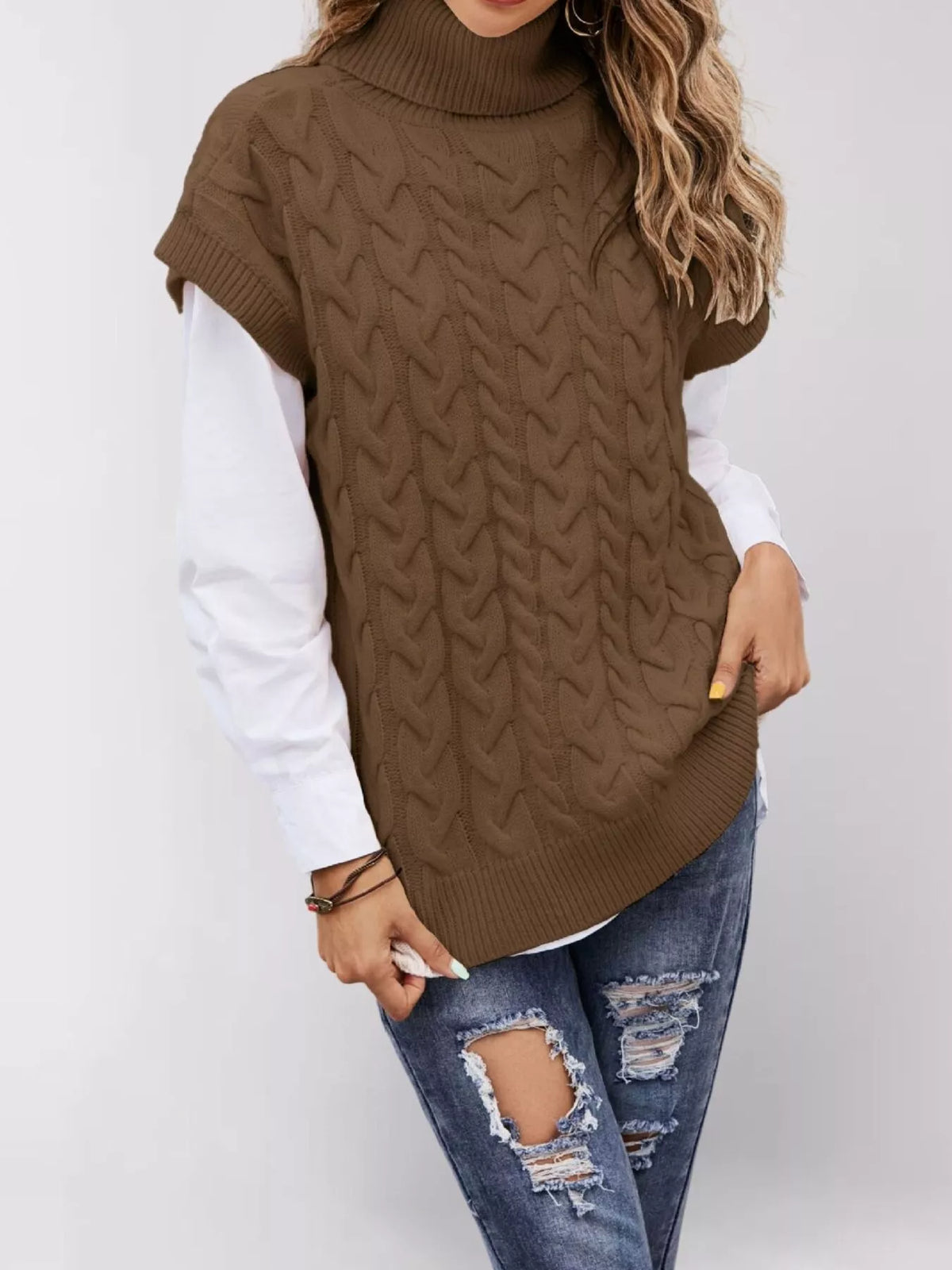 Chunky Knit Turtleneck Cap Sleeve Sweater (10)