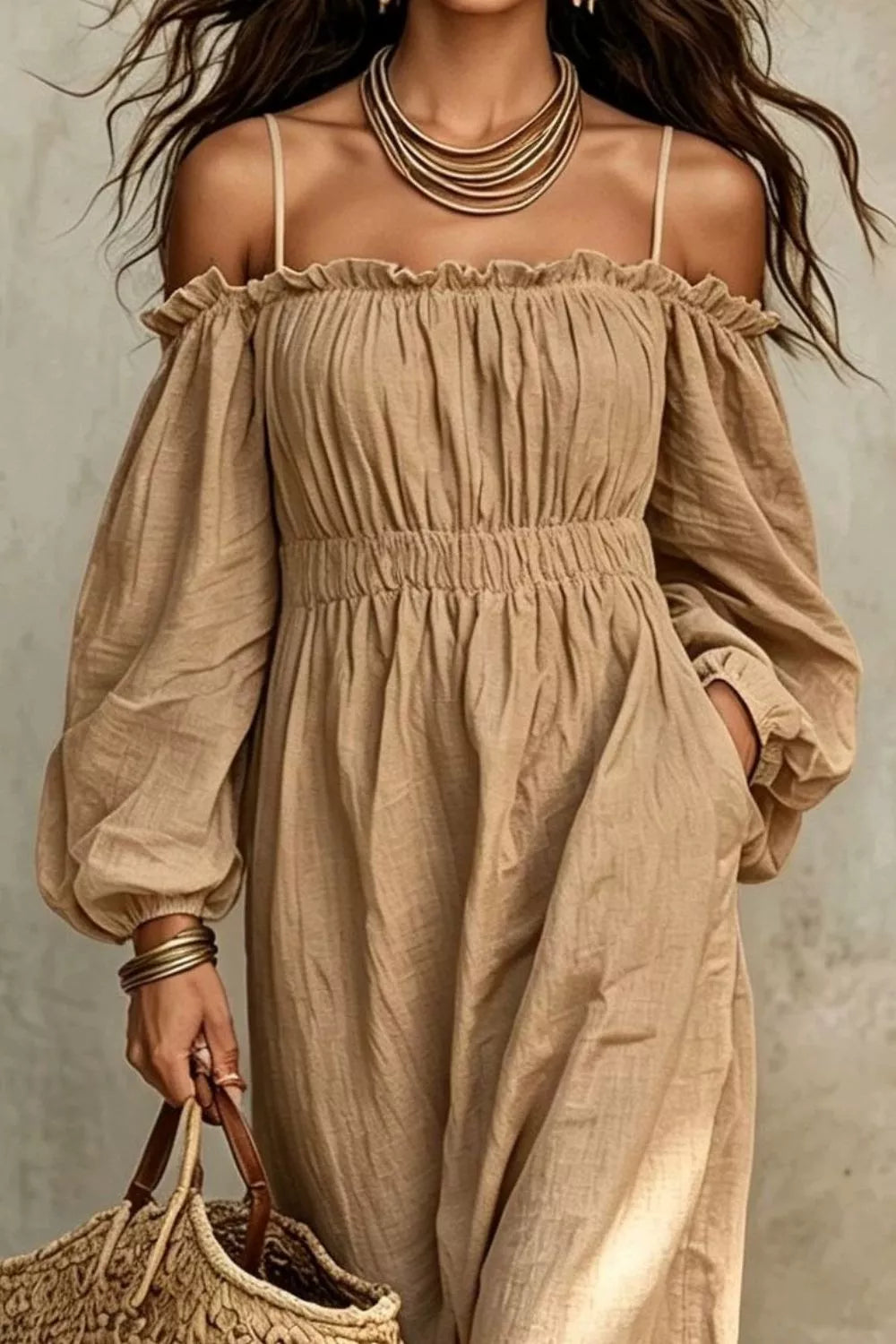 Spaghetti Strap Balloon Sleeve Dress (6)