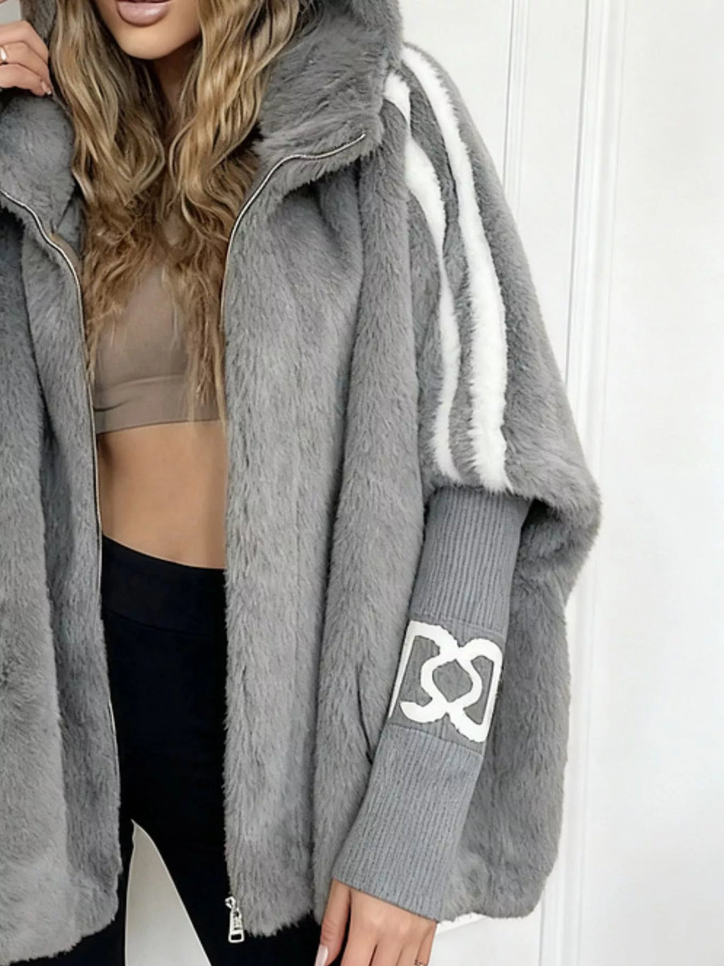 Hooded Faux Fur Striped Trim Outerwear (7)