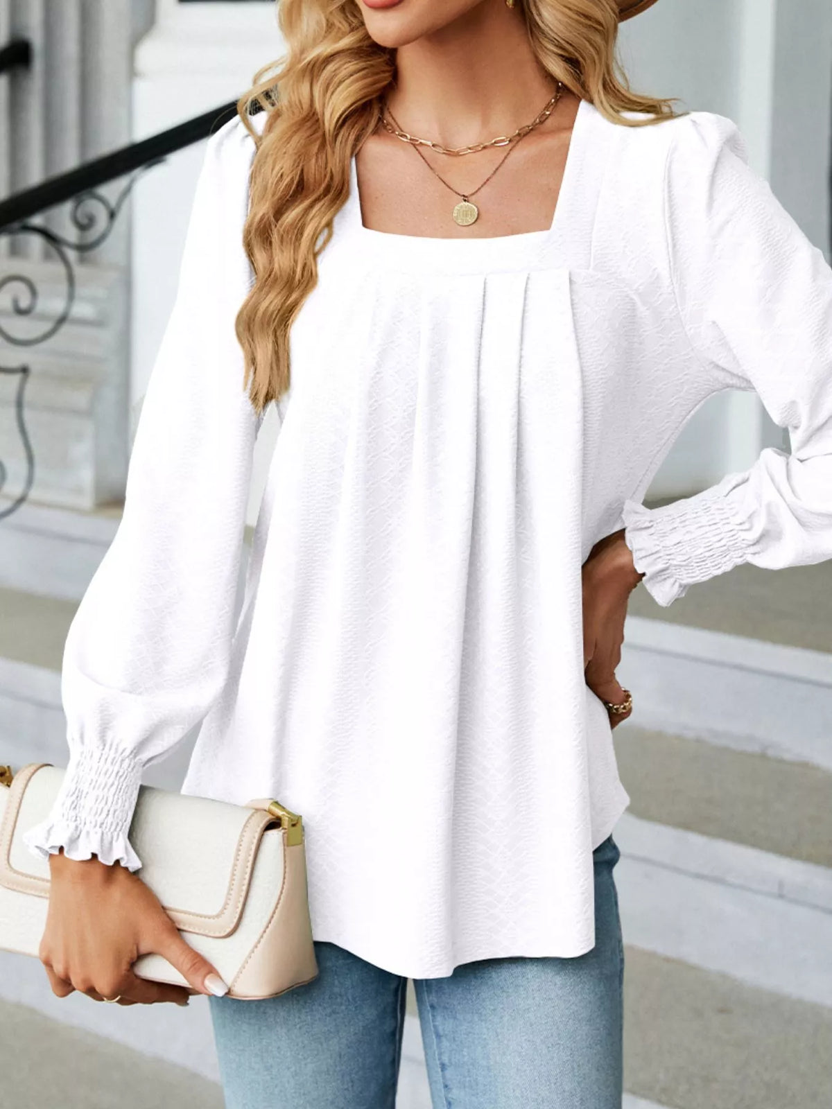 Pleated Square Neck Long Sleeve Top (6)