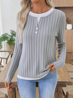 Ribbed Knit Button Detail Contrast Sweater (4)