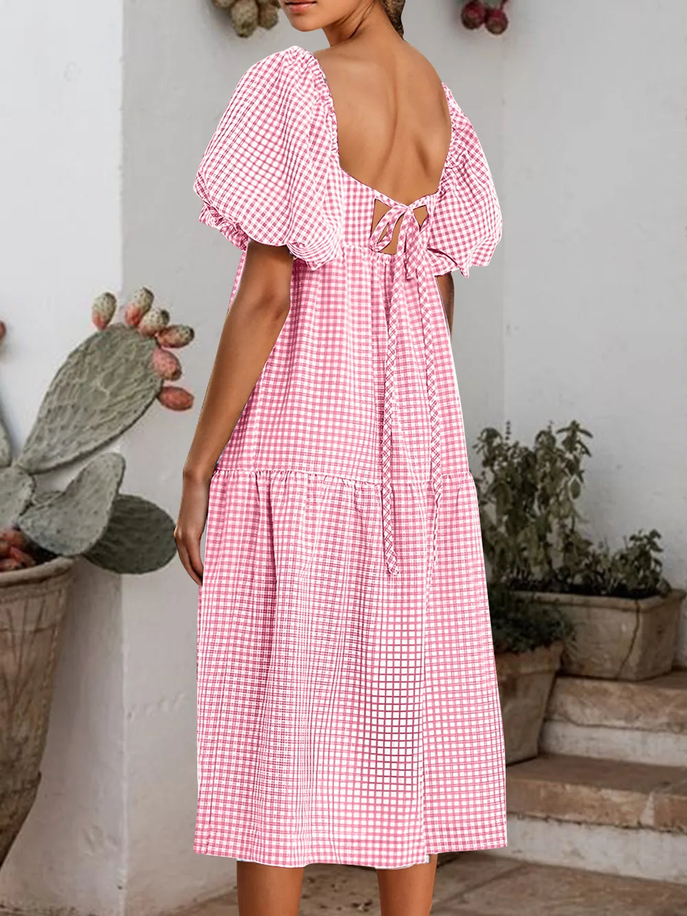 Plaid Square Neck Short Sleeve Dress (6)
